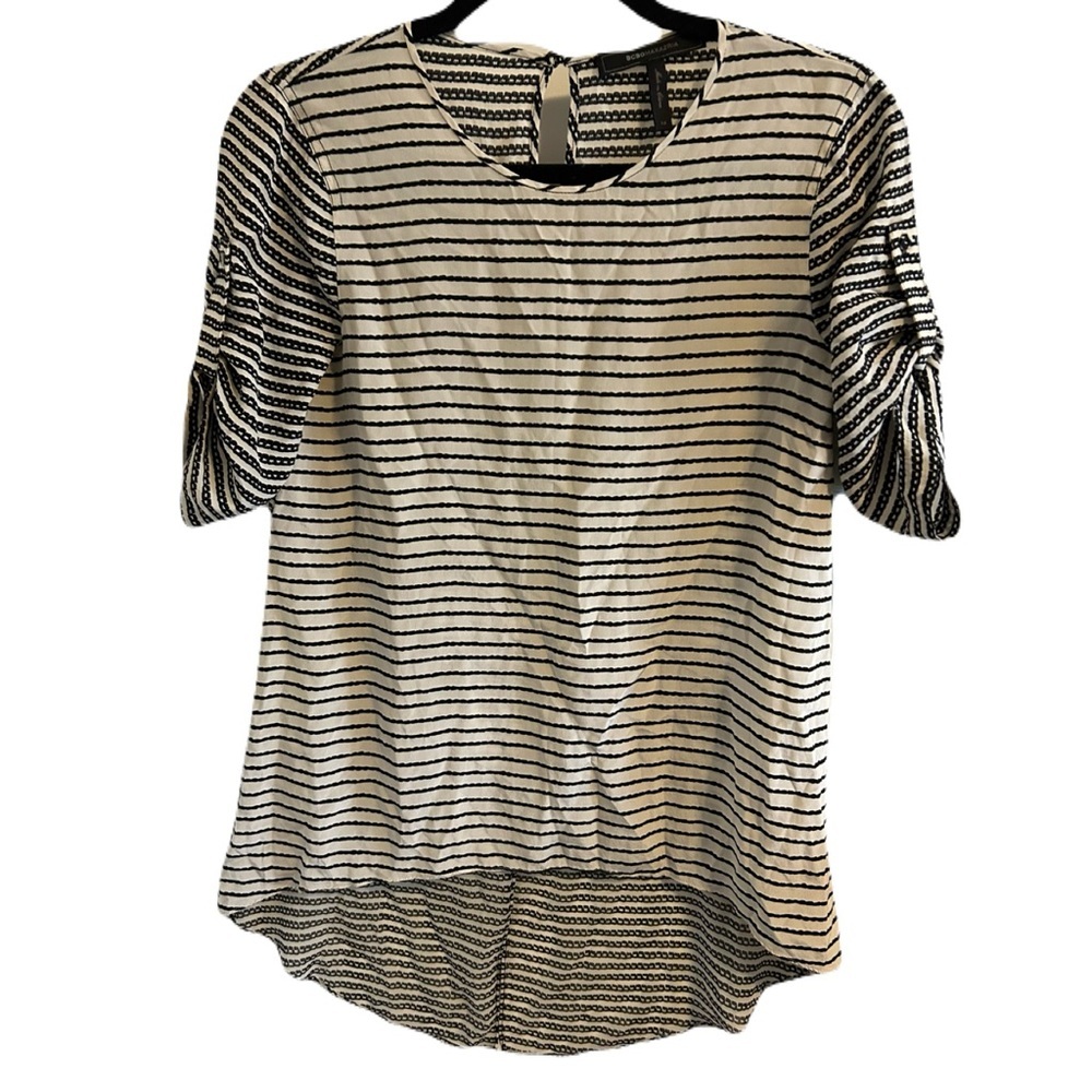 BCBGMAXAZRIA 100% Silk $378 Caterina Split Back Top Sz XS Striped High Low - Picture 12 of 16